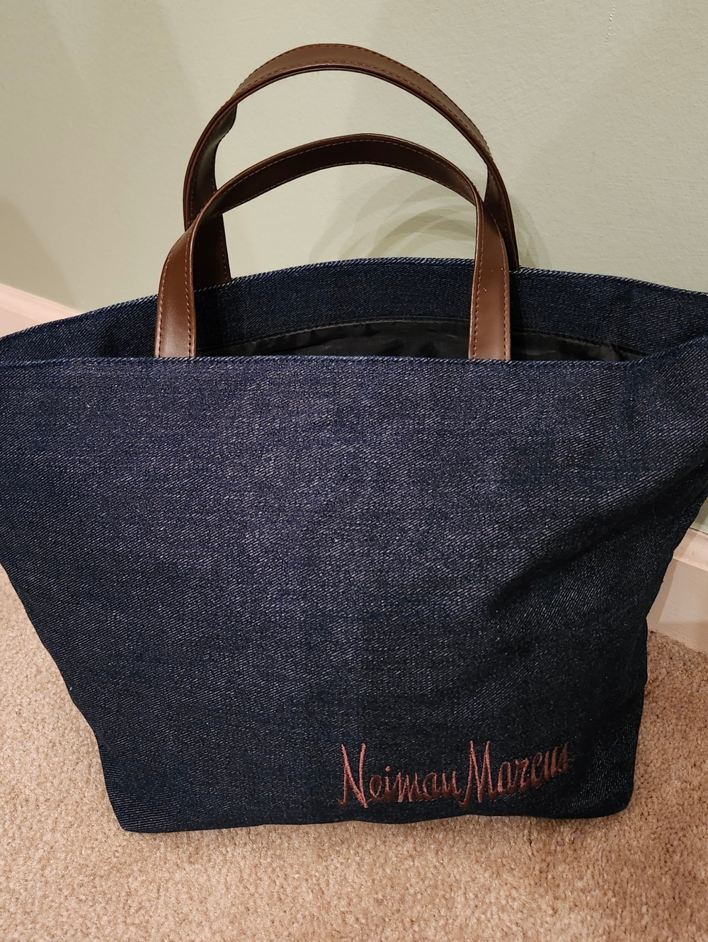 Neiman Marcus Dark Blue Denim Tote with Brown Handles